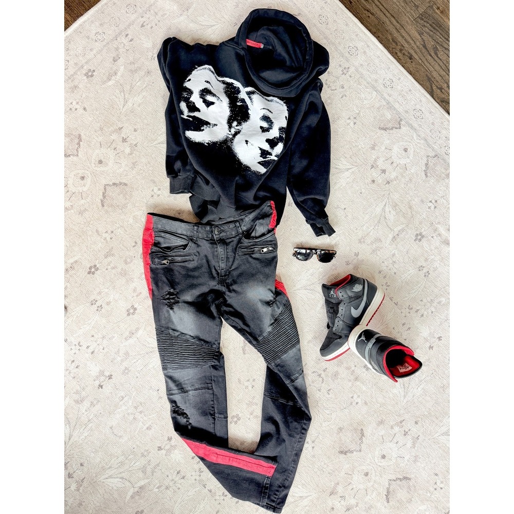 Distressed Moto Biker Jeans Mens 36 Black Red Stripe Punk Grunge Y2K Streetwear - Picture 10 of 11
